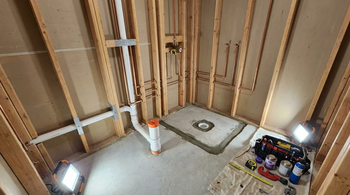 Bathroom rough-in plumbing during remodel by Johns Plumbing LLC in Racine