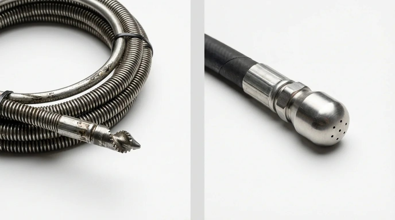 Drain snake cable and hydro jetting nozzle used for drain cleaning in Racine, WI