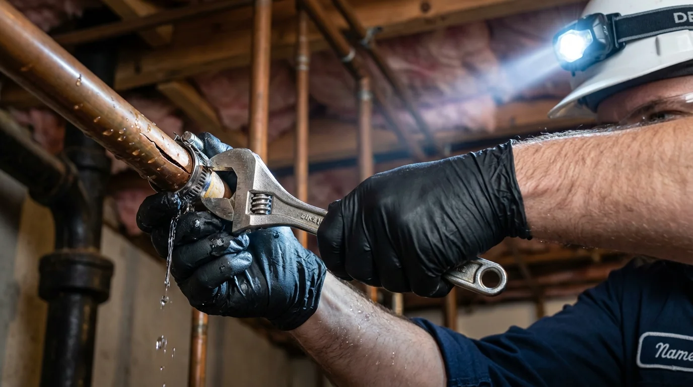 Emergency pipe clamp repair being performed by a Johns Plumbing LLC plumber in Racine