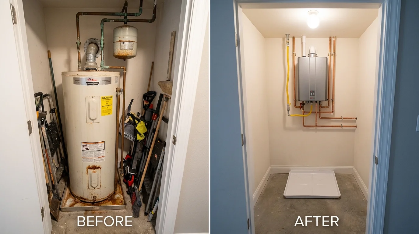 Tank water heater versus wall-mounted tankless unit comparison for Racine, WI homeowners