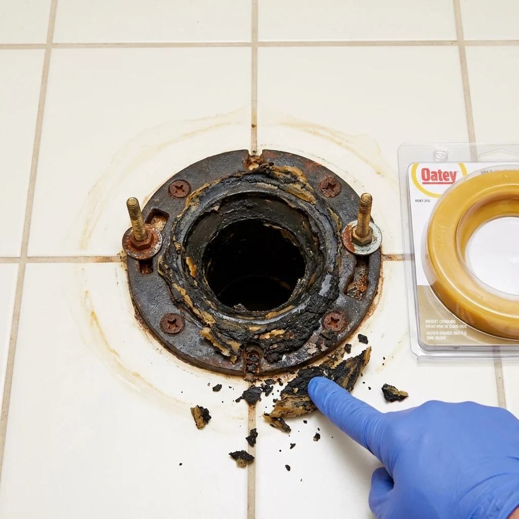 Failed wax ring showing water seepage at the base of a toilet in a Racine, WI home