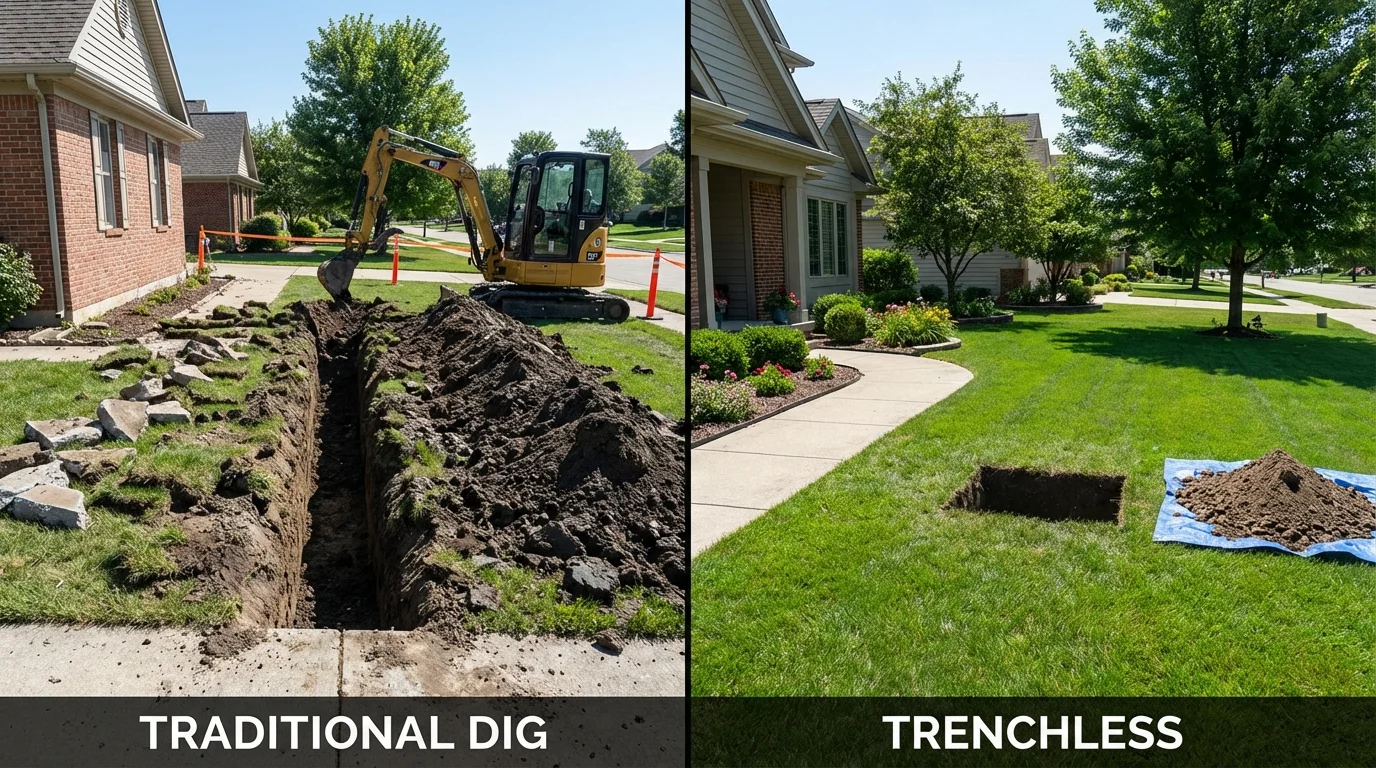 Trenchless sewer repair with minimal yard damage versus traditional excavation in Racine, WI