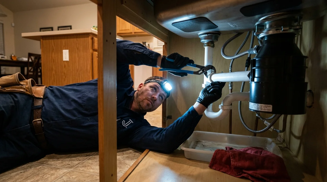 P-trap and supply line connections under a kitchen sink showing a common leak point in Racine, WI
